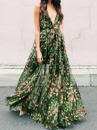 Choies Green Plunge Floral Print Open Back Chic Women Cami Maxi Dress