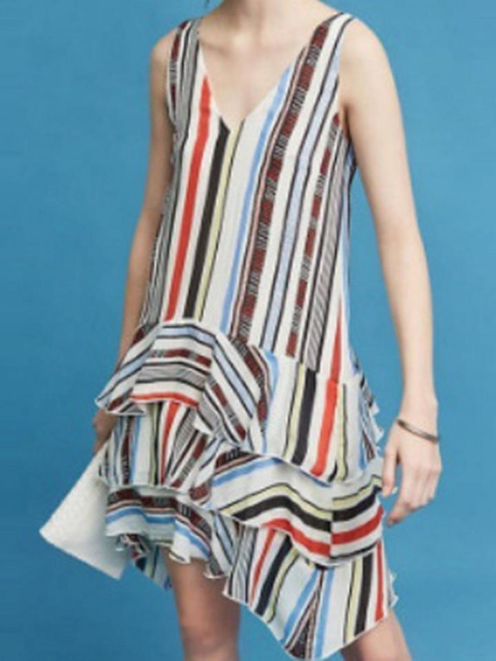 Choies Polychrome Stripe Cotton Blend V-neck Sleeveless Chic Women Mini Dress