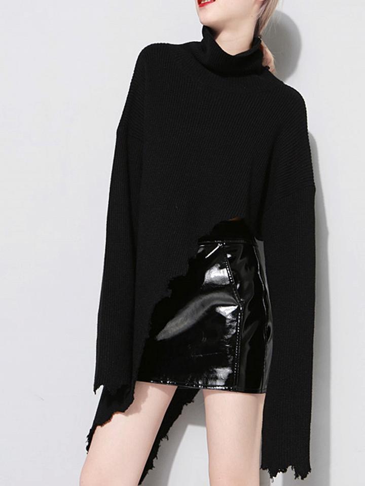 Choies Black High Neck Asymmetric Hem Long Sleeve Knit Sweater