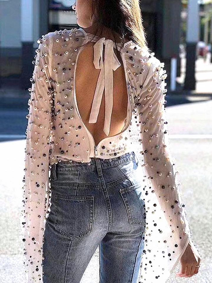 Choies White Pearl Embellished Tie Back Long Sleeve Blouse