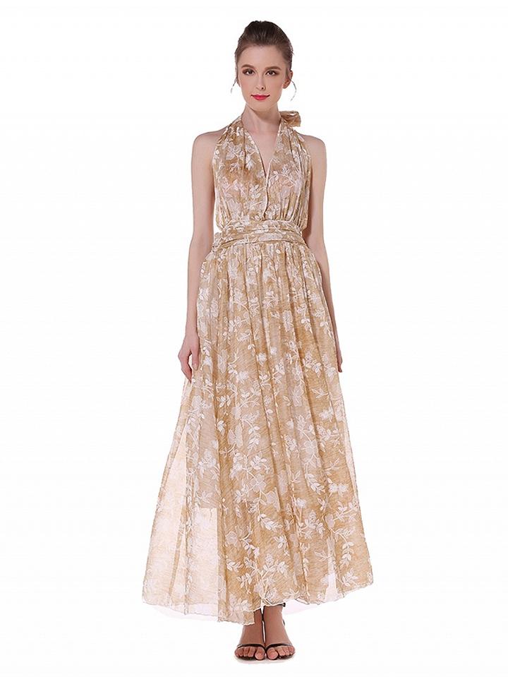 Choies Beige Halter Tie Floral Print Open Back Maxi Dress