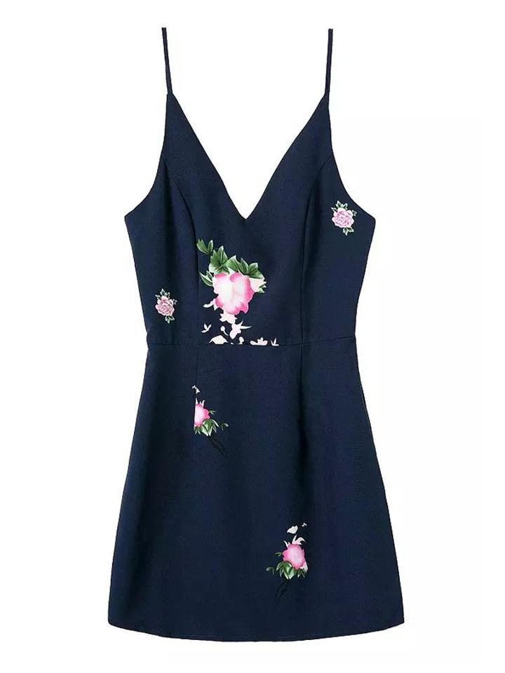Choies Navy V-neck Spaghetti Strap Floral Bodycon Mini Dress
