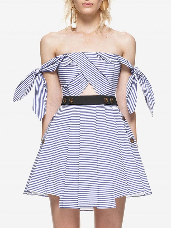 Choies Blue Stripe Off Shoulder Cut Out Tie Sleeve Skater Dress