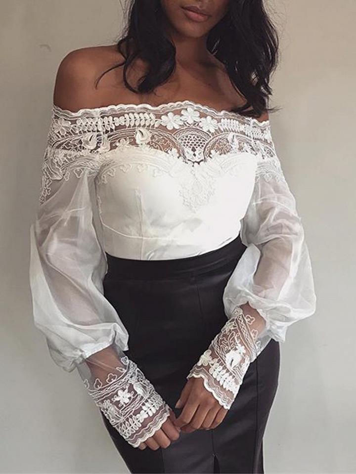 Choies White Off Shoulder Lace Panel Long Sleeve Blouse