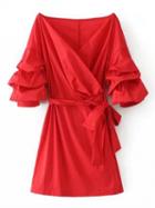 Choies Red Wrap V-neck Tie Waist Puff Sleeve Mini Dress