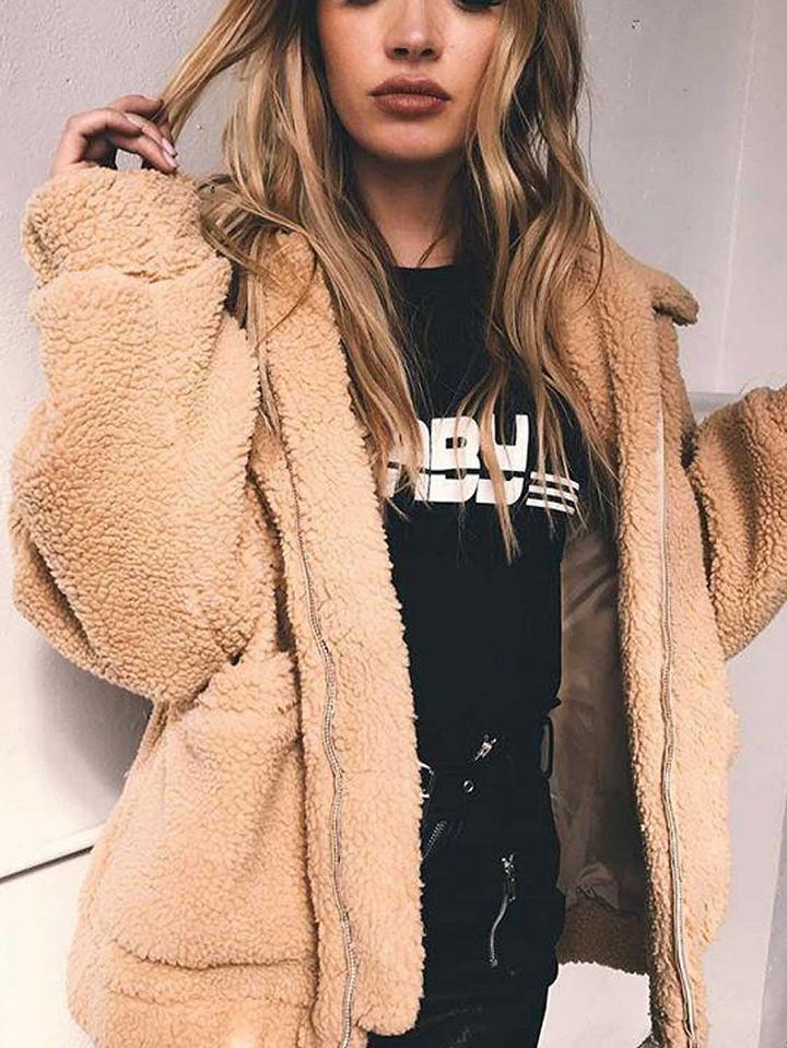 Choies Khaki Lapel Pocket Detail Long Sleeve Faux Shearling Coat