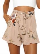 Choies Khaki Floral Print Tie Waist Frill Hem Shorts