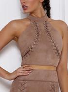 Choies Beige Choker Neck Lace Up Front Crop Top