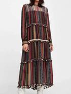 Choies Polychrome Stripe Chiffon Folk Print Long Sleeve Chic Women Maxi Dress
