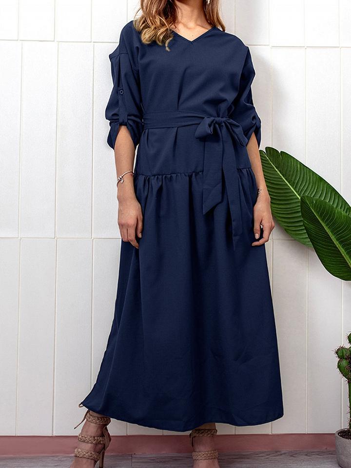 Choies Dark Blue Cotton Blend V-neck Tie Waist Long Sleeve Maxi Dress