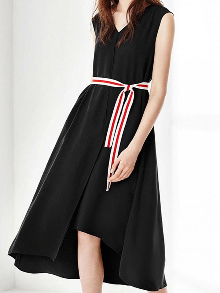 Choies Black V-neck Tie Waist Sleeveless Midi Dress