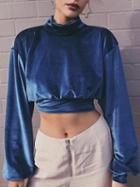 Choies Royal Blue High Neck Velvet Fitted Trim Crop Sweatshirt