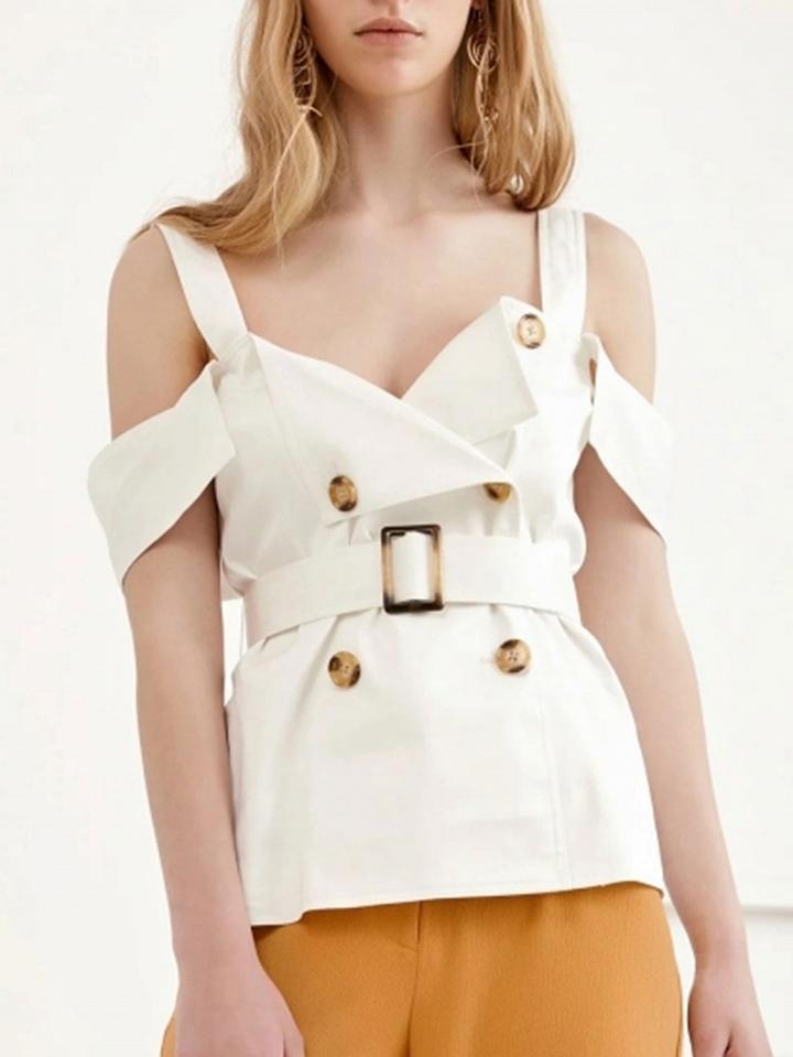 Choies White Cold Shoulder Double Breasted Folded Belted Cami Top