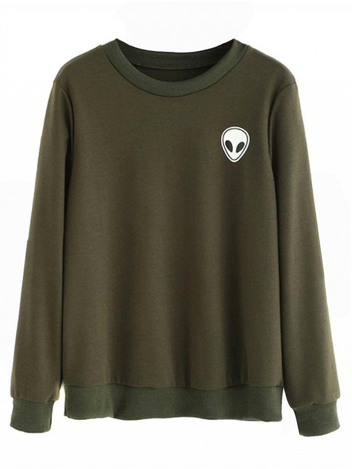 Choies Army Green Alien Print Long Sleeve Sweatshirt