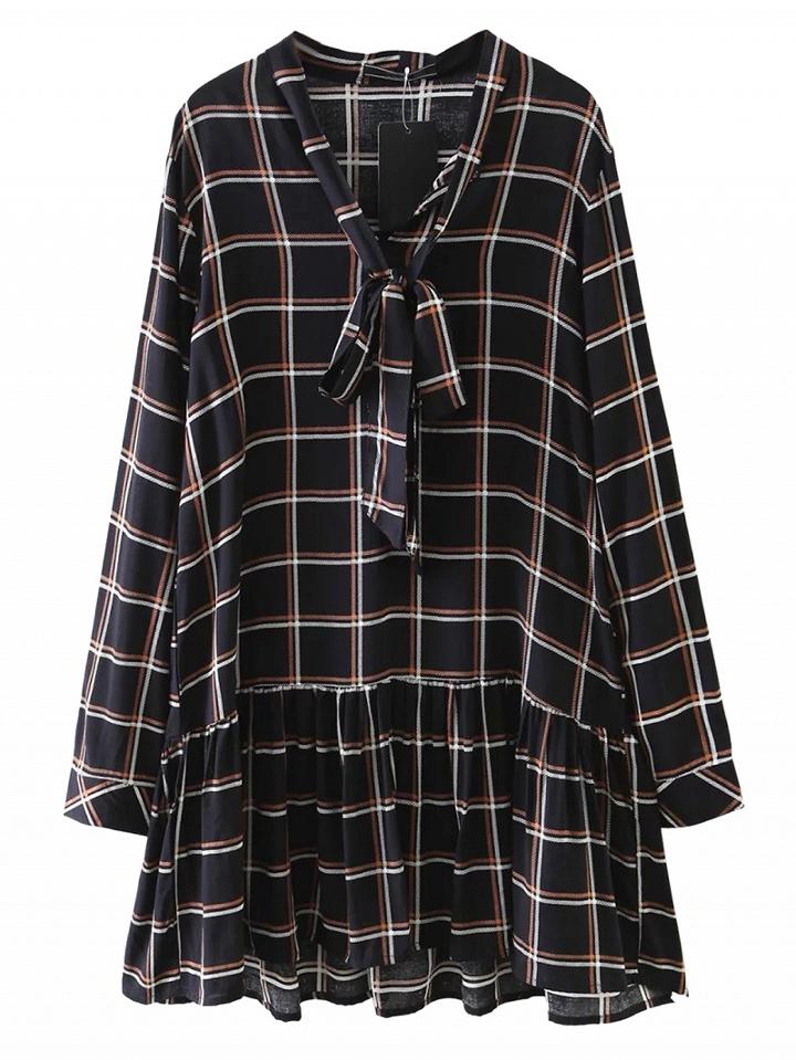 Choies Black Plaid Tie Neck Ruffle Hem Long Sleeve Dress