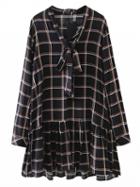 Choies Black Plaid Tie Neck Ruffle Hem Long Sleeve Dress
