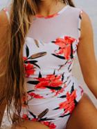 Choies White Floral Print Sheer Mesh Panel Open Back Swimsuit