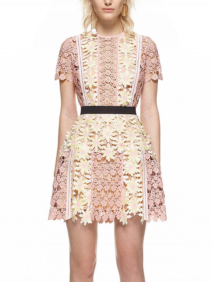 Choies Pink Contrast Panel Floral Lace Peplum Short Sleeve A-line Dress