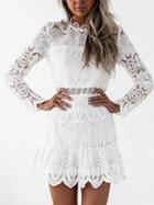 Choies White Ruffle Trim Long Sleeve Lace Mini Dress