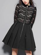 Choies Black Zip Front Lace Panel Long Sleeve Mini Dress