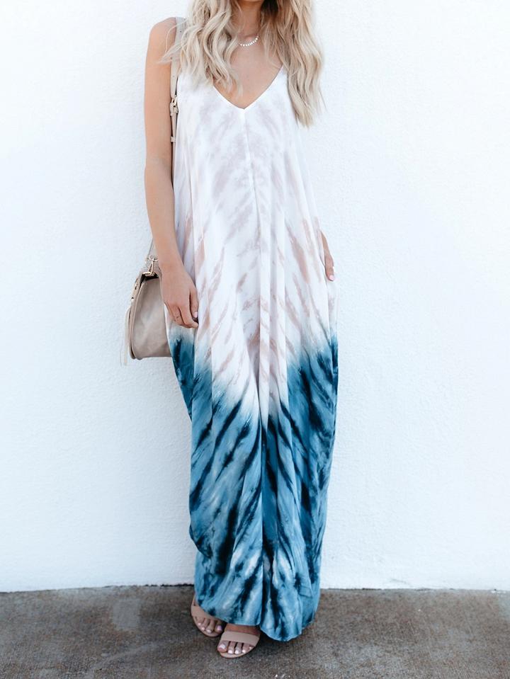 Choies Blue Cotton V-neck Printed Detail Backless Chic Women Cami Maxi Dress