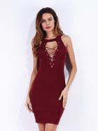 Choies Burgundy Lace Up Front Knit Bodycon Dress