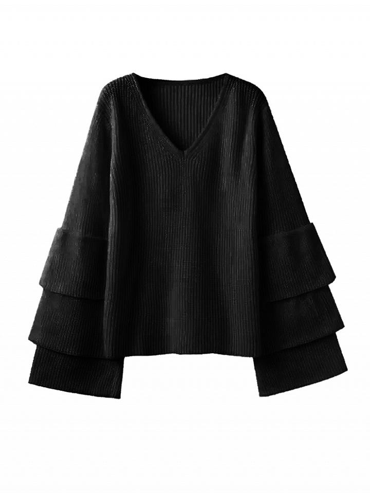 Choies Black V Neck Layered Sleeve Rib Knit Sweater
