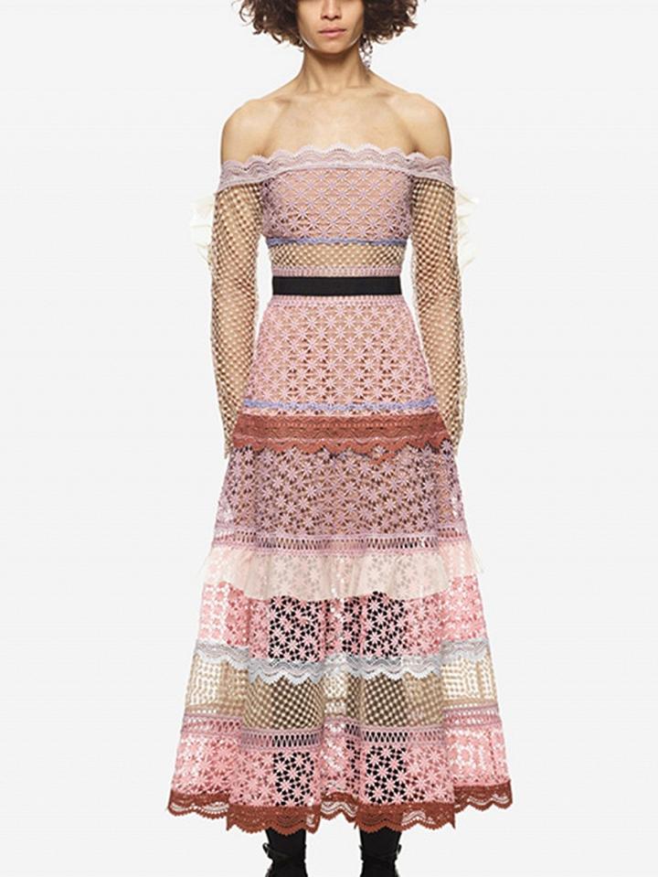 Choies Pink Off Shoulder Ruffle Sleeve Lace Midi Dress