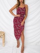 Choies Red Spaghetti Strap Floral Print Asymmetric Hem Chic Women Dress