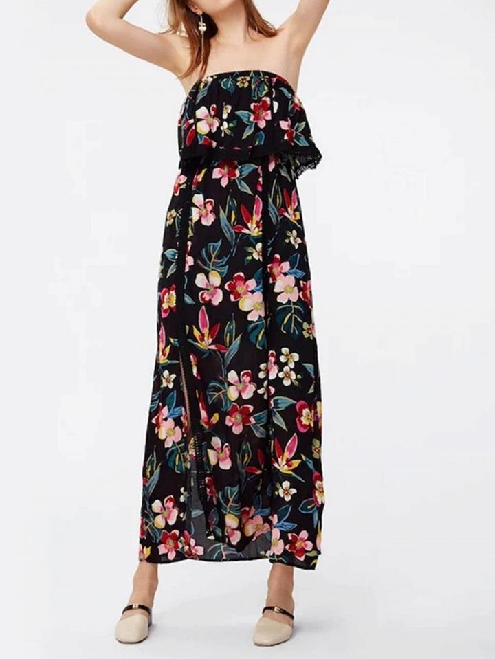 Choies Black Off Shoulder Floral Print Lace Panel Maxi Dress