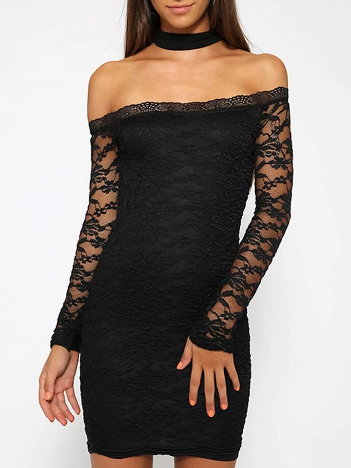 Choies Black Choker Neck Off Shoulder Bodycon Lace Mini Dress
