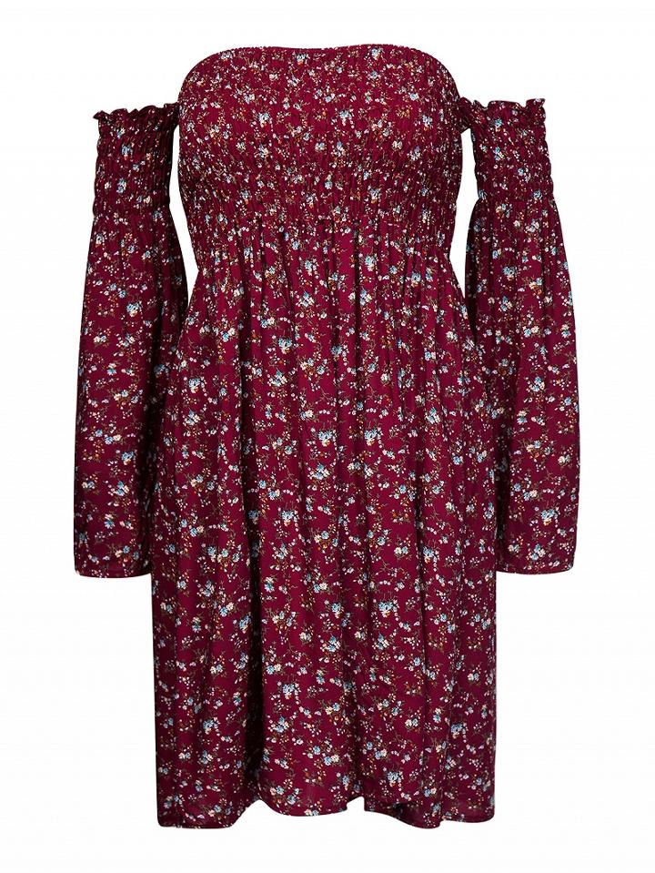 Choies Burgundy Off Shoulder Floral Flare Sleeve Mini Dress