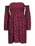 Choies Burgundy Off Shoulder Floral Flare Sleeve Mini Dress