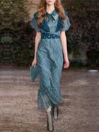 Choies Blue Chiffon Lapel Folk Print Ruffle Trim Vintage Women Maxi Dress