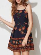 Choies Dark Blue Spaghetti Strap Floral Print Open Back Mini Dress