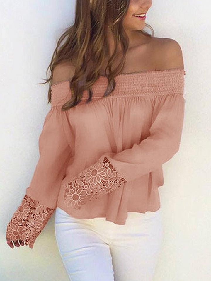 Choies Pink Off Shoulder Lace Panel Long Sleeve Blouse