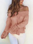 Choies Pink Off Shoulder Lace Panel Long Sleeve Blouse