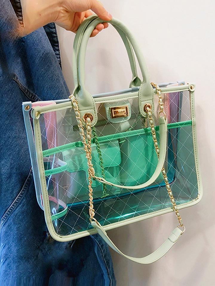 Choies Green Pu Argyle Print Chain Strap Chic Women Sheer Handle Shoulder Bag