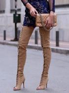 Choies Beige Peep Toe Lace Up Heeled Over The Knee Boots