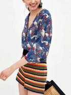 Choies Blue Animal Print Button Placket Shirt