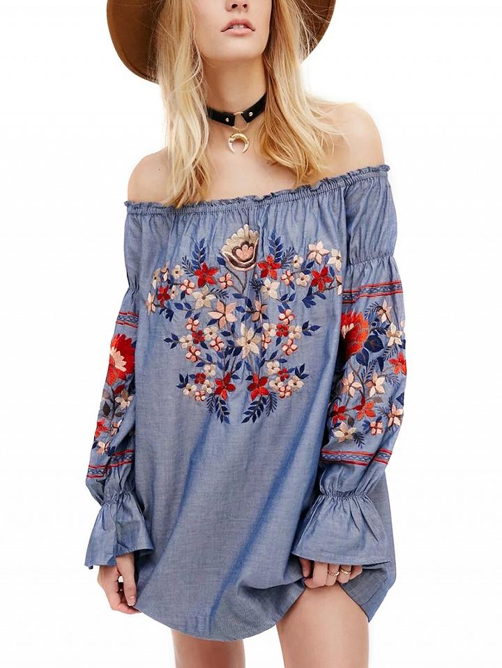 Choies Blue Off Shoulder Embroidery Floral Flared Sleeve Denim Mini Dress