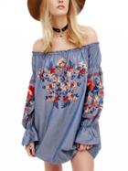 Choies Blue Off Shoulder Embroidery Floral Flared Sleeve Denim Mini Dress
