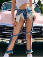 Choies Blue High Waist Cut Out Detail Chic Women Denim Ripped Jeans