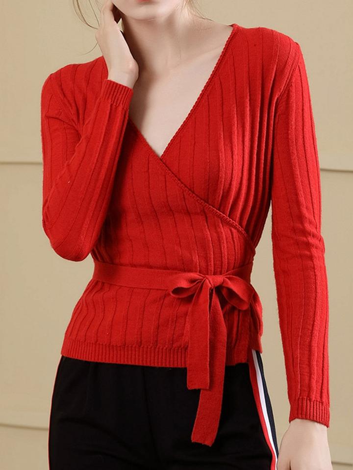 Choies Red V-neck Tie Waist Long Sleeve Women Knit Sweater