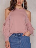Choies Pink Cold Shoulder Drawcord Detail Frill Hem Sweatshirt