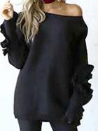 Choies Black Ruffle Trim Long Sleeve Chic Women Knit Sweater