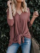Choies Burgundy V-neck Tie Front Long Sleeve Blouse
