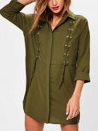 Choies Army Green Eyelet Lace Up 3/4 Sleeve Shirt Dress