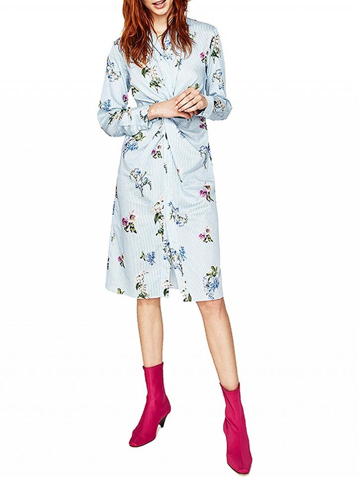 Choies Blue Stripe And Floral Twist Front Long Sleeve Shirt Dress