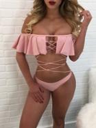 Choies Pink Off Shoulder Ruffle Lace Up Strap Bikini Top And Bottom